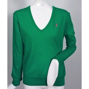 NEW $165 Polo Ralph Lauren Sweater! S or M  Green With Pink Polo Player  V Neck